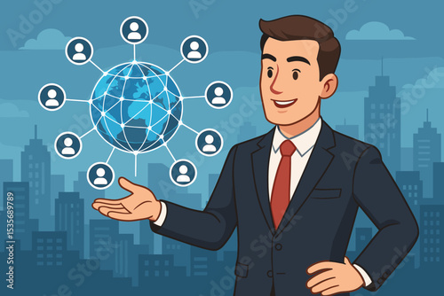 Businessman presents a global business network. Concept for international communication, corporate partnership, worldwide team collaboration, and social networking technology vector.