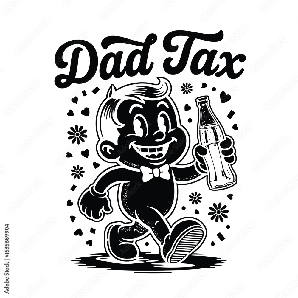 Fototapeta premium DAD TAX retro mascot t shirt design, vintage 1950s style illustration featuring cola drink and whimsical accents for funny father themed apparel graphics.