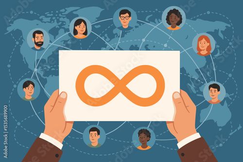 Global network and infinite connection concept. Hands hold infinity symbol over world map with diverse people. Metaphor for teamwork, community, inclusion and neurodiversity.