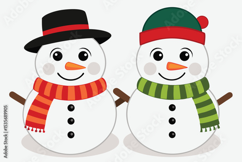 Two cheerful snowmen with hats and scarves for winter holiday season