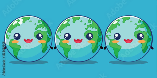 Three Cute Cartoon Earth Globes Holding Hands on a Blue Background
