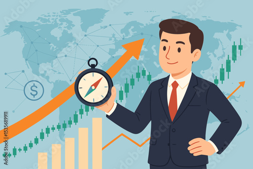 Financial navigation concept. Businessman with compass. Investment strategy. Global market guidance. Stock exchange growth chart. World map background. Economic success direction.
