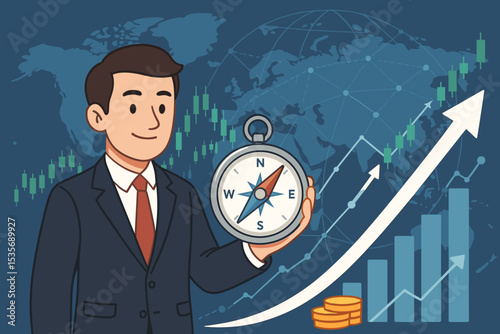 Financial guidance concept. Businessman with compass navigating global stock market. Investment strategy for economic growth and profit. World map, chart and upward arrow vector.