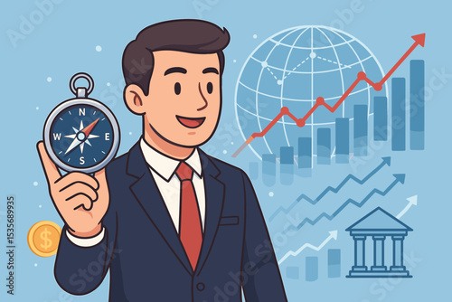 Businessman holding a compass for financial navigation and investment strategy. Concept of global economy, stock market growth, and business success with charts and bank icon.