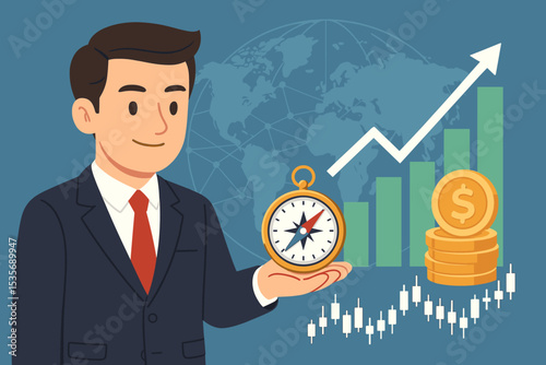 Businessman holding a compass for financial navigation. Concept for investment strategy, global market guidance, and economic direction. Vector illustration of growth chart and money.