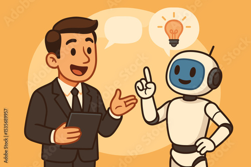 Artificial intelligence concept with businessman talking to AI robot assistant. Chatbot providing innovative idea, problem solving and business solutions. Future technology collaboration.