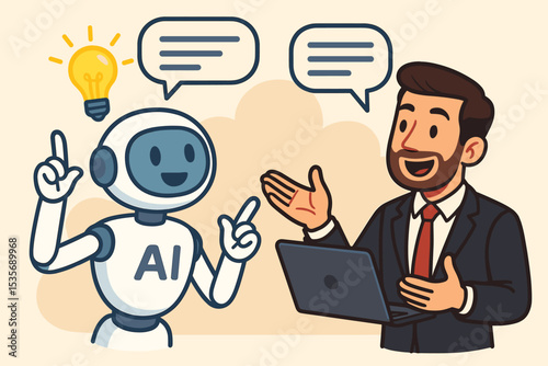 Businessman consulting AI robot for a business solution. Artificial intelligence assistant has an idea. Concept of future technology, innovation, chatbot support, partnership, communication.