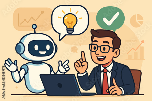AI business solution concept. Robot assistant and businessman working together on a laptop. Partnership for innovation, creative ideas, strategy, productivity, and company growth.