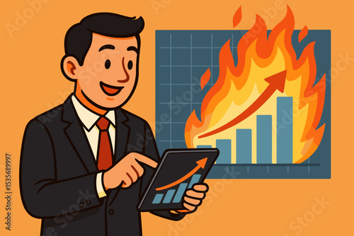 Happy businessman with tablet showing rising graph. Flaming chart symbolizes rapid growth, hot stock market, financial success, sales on fire, business analytics and profit.