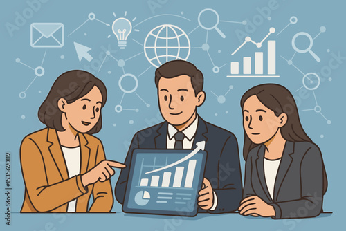 Digital business strategy concept with a team analyzing data on a tablet. Colleagues in a meeting discuss financial growth charts. Teamwork, market research, and corporate success.