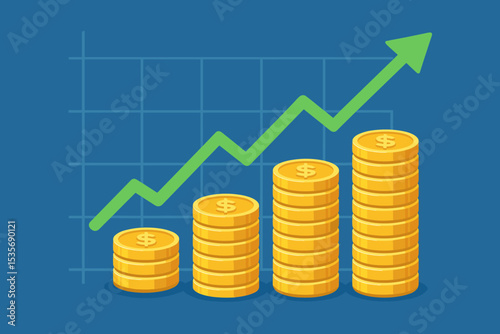 Stock market growth concept with rising coin stacks and uptrend green arrow. Financial success, investment profit, and business revenue increase diagram. Economy and finance vector.