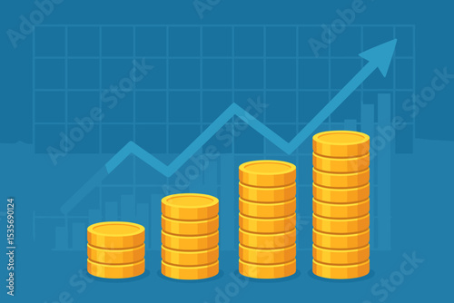 Financial growth concept. Stock market investment. Stacks of gold coins chart with arrow up. Business profit and success. Increase revenue. Economic growth. Savings accumulation.