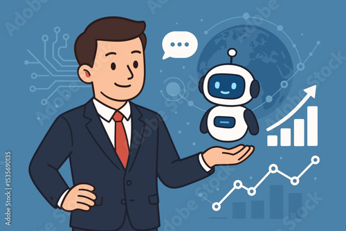 Businessman holds AI chatbot for business growth. Concept of artificial intelligence, customer service support, technology innovation, and financial data analysis. Global solution.