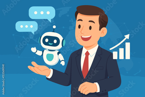 AI chatbot technology concept with a businessman holding a robot assistant. Digital virtual support for customer service and communication. Business growth and sales increase concept.