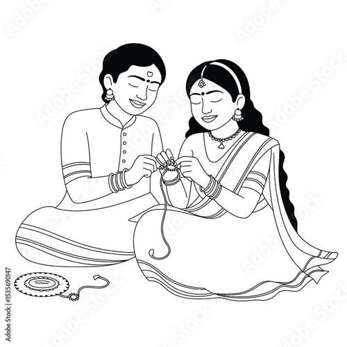 a black and white vector illustration depicting a sister tying a rakhi on her brother’s wrist in traditional indian attire for raksha bandhan