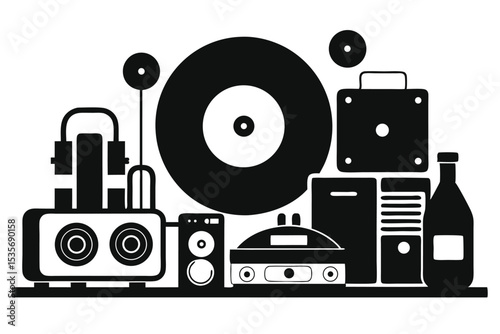 Vintage audio equipment illustration featuring record player speakers headphones and wine