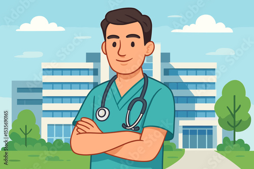 Male doctor in scrubs with stethoscope stands confidently outside a modern hospital building. Healthcare professional cartoon character vector illustration for medical concepts.