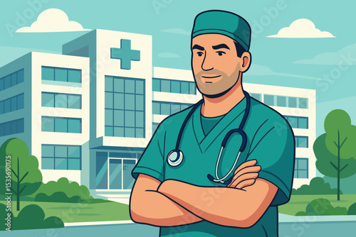 Confident male doctor in scrubs standing outside a hospital building. Vector illustration of a surgeon with a stethoscope. Healthcare and medicine concept. Medical professional.