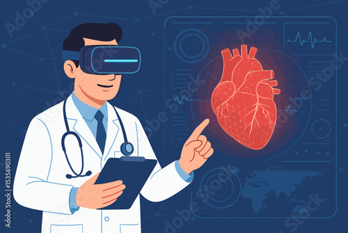 Doctor in VR headset analyzing a virtual heart. Cardiologist using futuristic technology for medical diagnosis. Concept of augmented reality in healthcare, medicine, and cardiology.