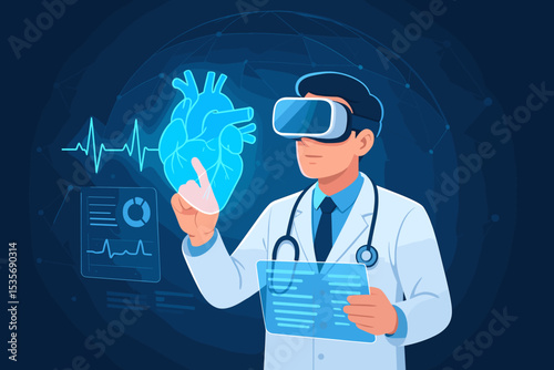Doctor using virtual reality for heart diagnosis. Cardiologist with VR glasses analyzes a 3D heart hologram and ECG. Futuristic healthcare, medical technology, metaverse concept.