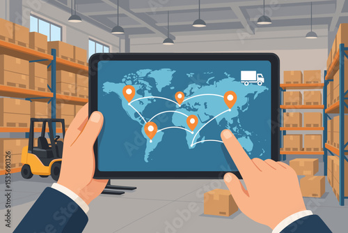 Manager in warehouse uses tablet for supply chain management. Global logistics, cargo tracking on world map. Freight distribution network, inventory control and shipment technology.