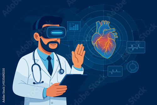 Doctor wearing VR headset analyzes a virtual heart. Concept of cardiology diagnosis with augmented reality. Futuristic medical technology for healthcare innovation and digital medicine.