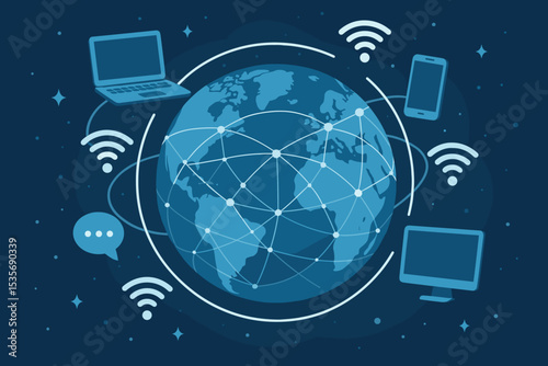 Global network technology concept. Planet Earth with internet connection lines. Wireless communication and data exchange with laptop, smartphone, computer. Digital world globalization.
