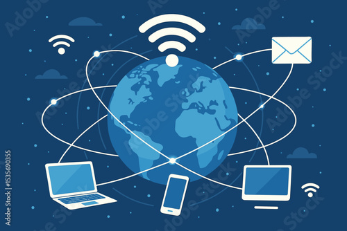 Worldwide communication technology concept. Global internet network with planet Earth, wifi symbol, and connected devices. Digital data exchange, telecommunication vector background.