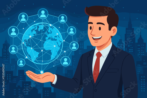 Businessman holding a futuristic global network. Concept of digital communication, social media, international business, and human resources. Man with earth globe hologram. Vector.