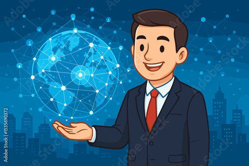 Professional businessman character presenting a global digital network. Concept of international business, communication, internet technology, connectivity, and futuristic solutions.