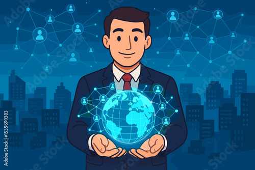 Businessman managing a global network. Professional man in a suit holding a glowing world globe with people icons. Concept for globalization, communication, technology, and connection.