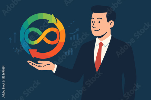 Businessman with circular economy symbol. Continuous lifecycle, agile DevOps, sustainability, and infinite process management. Business growth, strategy, and recycling concept vector.
