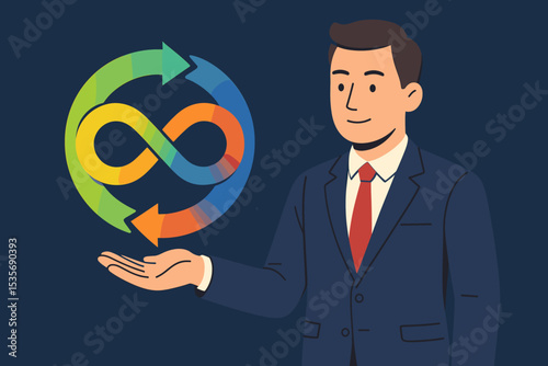 Circular economy concept with businessman holding an infinity recycle symbol. Sustainable business strategy for reusing and reducing waste. ESG and green innovation vector illustration.