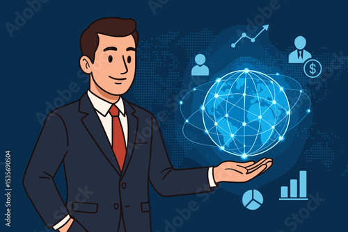 Businessman holding a glowing global network. Concept of international business, finance, and technology. World connection, data analysis, investment growth, strategy. Vector.