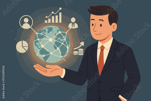 Vector illustration of a businessman with a global business network. Concept for international trade, finance, corporate strategy, data analytics, investment, and market growth.