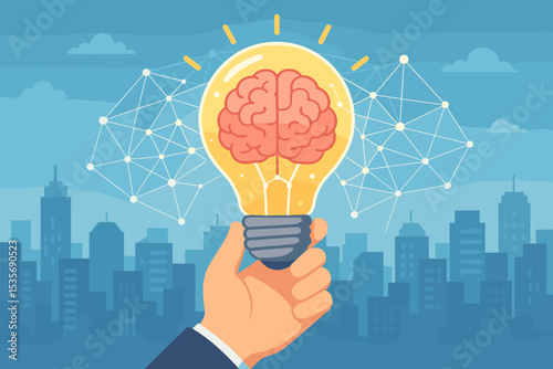Innovation and creativity concept. Businessman hand holding light bulb with brain inside. Symbol of new idea, solution, thinking, intelligence. Smart city network background.