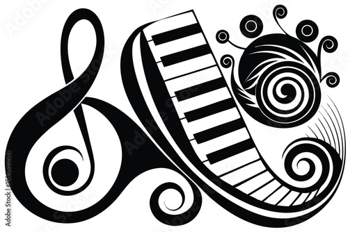 Artistic black and white musical illustration featuring treble clef piano keys and ornate abstract design