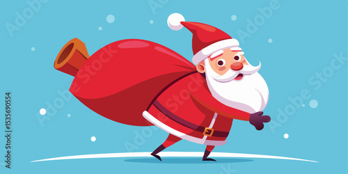 Cartoon Santa Claus Carrying a Heavy Sack of Gifts on Blue Background