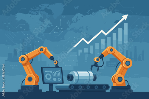 Robotic arm automation on factory conveyor belt. Industry 4.0 concept with world map and growth chart. Industrial manufacturing technology and production line innovation. Vector.