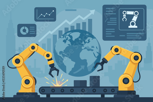 Robotic industry revolution and automation concept. Smart factory with robot arms on conveyor belt. Global manufacturing, technology, and economic growth with data analysis and AI.