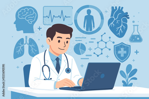Doctor at laptop, digital health concept. Telemedicine, online medical consultation. Healthcare technology illustration. Medical data analysis, diagnosis with icons: heart, brain, lungs.