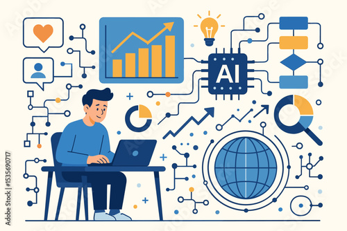 Artificial intelligence concept with developer at laptop. Business data analysis, market research, and financial growth chart. Technology innovation, machine learning, big data infographic.