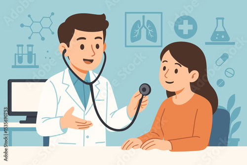 Doctor examining patient with stethoscope during medical consultation. Caring practitioner doing a health checkup on a woman in a clinic. Healthcare, medicine, and diagnosis concept.