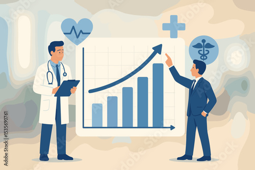 Healthcare business growth concept with doctor and manager analyzing financial chart. Medical industry success, hospital management, and investment profit shown on bar graph with arrow.