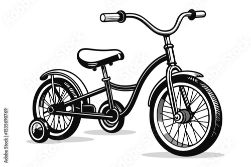 Black and white illustration of a classic children's bicycle with training wheels on white background