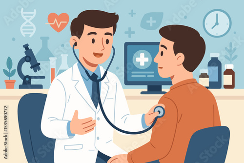 Caring doctor and patient medical consultation. Physician using stethoscope for health examination in clinic. Healthcare, medicine, checkup, and wellness concept. Vector illustration.