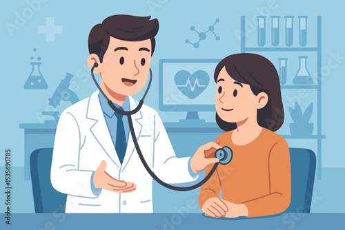 Doctor and patient vector illustration. Friendly male physician auscultating a female patient with a stethoscope. Medical consultation, health checkup, and healthcare concept in clinic.
