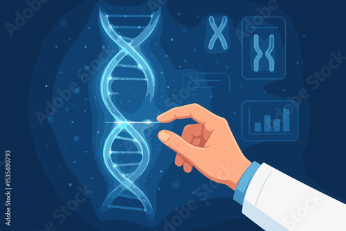 Doctor hand touching DNA strand. Genetic engineering and biotechnology concept. Futuristic medical research, gene editing, genome sequencing, chromosome analysis. Science vector.