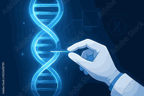 Scientist hand editing a glowing DNA double helix. Concept for genetic engineering, gene therapy, biotechnology, and medical research. Futuristic science innovation vector illustration.