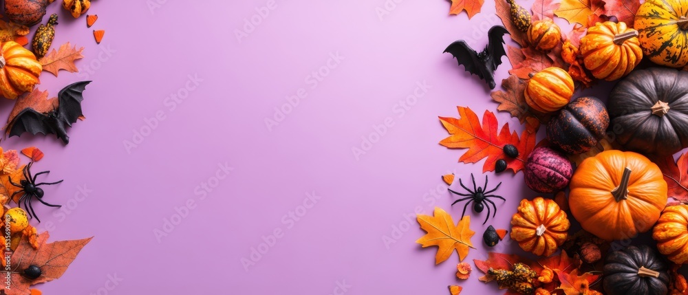 Fototapeta premium Vibrant Halloween autumn pumpkins leaves and spider decorations on pastel background for seasonal celebration